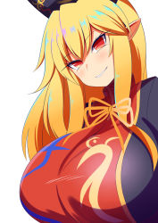 Rule 34 | 1girl, breasts, chinese clothes, cleavage, crescent, gero zoukin, highres, huge breasts, junko (touhou), long hair, mature female, orange hair, pointy ears, red eyes, simple background, solo, tabard, touhou, white background