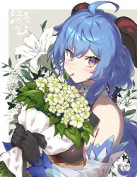 Rule 34 | 1girl, :t, ahoge, bare shoulders, black gloves, blue hair, blush, bouquet, breasts, closed mouth, detached sleeves, flower, ganyu (genshin impact), genshin impact, gloves, grey background, highres, holding, holding bouquet, horns, lily (flower), long hair, long sleeves, looking at viewer, low ponytail, medium breasts, ooyun, red eyes, sideboob, simple background, solo, upper body, very long hair, white flower