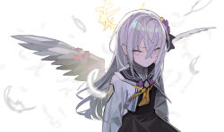 Rule 34 | 1girl, angel wings, azusa (blue archive), black dress, blue archive, dress, falling feathers, feathers, grey hair, halo, highres, jacket, long hair, purple eyes, saaal653, sailor collar, solo, white background, white jacket, wings