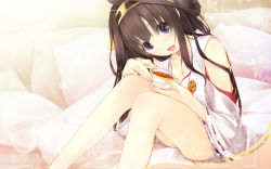 Rule 34 | 10s, 1girl, bed, breasts, brown hair, cleavage, cup, detached sleeves, head tilt, highres, ichikawa noa, kantai collection, kongou (kancolle), legs up, long hair, looking at viewer, nontraditional miko, on bed, open mouth, personification, ribbon-trimmed sleeves, ribbon trim, sitting, smile, solo, tea, teacup, wide sleeves