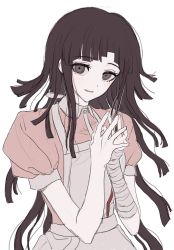 Rule 34 | 1girl, apron, bandaged arm, bandages, collared shirt, danganronpa (series), danganronpa 2: goodbye despair, fingers together, grey apron, grey background, highres, long hair, mole, mole under eye, own hands together, pink shirt, puffy short sleeves, puffy sleeves, shirt, short sleeves, simple background, smile, solo, tsumiki mikan, upper body, vo1ez