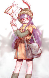 Rule 34 | 1girl, alternate costume, animal ears, bag, belt buckle, belt pouch, bespectacled, between breasts, black-framed eyewear, black shorts, breasts, buckle, chrono (series), chrono trigger, closed mouth, cosplay, eyelashes, finger on trigger, glasses, helmet, highres, holding, hoshibuchi, layered sleeves, legs apart, long hair, long sleeves, looking at viewer, lucca ashtear, lucca ashtear (cosplay), lunatic gun, medium breasts, megaphone, microphone, pouch, purple hair, rabbit ears, radio antenna, red eyes, reisen udongein inaba, round eyewear, scarf, short over long sleeves, short sleeves, shorts, shoulder bag, smile, solo, square enix, standing, team shanghai alice, touhou, very long hair, yellow scarf