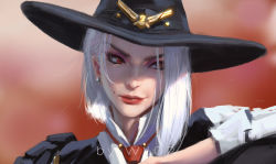 Rule 34 | 1girl, ashe (overwatch), black hat, blurry, blurry background, closed mouth, depth of field, earrings, hat, highres, jewelry, lipstick, long sleeves, looking to the side, makeup, mole, mole above mouth, necktie, overwatch, overwatch 1, portrait, red eyes, red lips, red necktie, skull earrings, smile, solo, white hair, wlop
