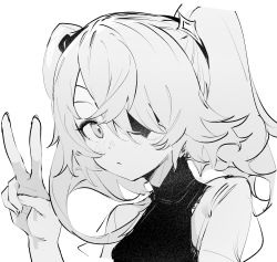 Rule 34 | 1girl, blush, closed mouth, commentary, crossed bangs, ddari, dot mouth, eyepatch, fischl (genshin impact), genshin impact, greyscale, hair between eyes, hair over one eye, hair ribbon, halterneck, hand up, highres, leotard, long hair, looking at viewer, monochrome, ribbon, sidelocks, simple background, sketch, solo, stippling (texture), two side up, v, white background