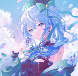 Rule 34 | 1girl, beret, blue eyes, blue flower, blue hair, bow, bow earrings, breasts, day, earrings, falling petals, flower, fymrie, hair between eyes, hair bow, hair ornament, hat, highres, holding, holding flower, hololive, hoshimachi suisei, hoshimachi suisei (streetwear), jewelry, long hair, looking at viewer, neck ribbon, off shoulder, petals, ribbon, side ponytail, small breasts, smile, solo, star (symbol), star in eye, symbol in eye, upper body, virtual youtuber