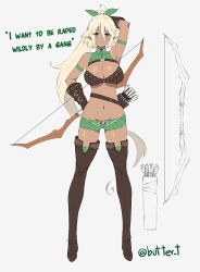Rule 34 | 1girl, ahoge, arm up, armband, armpits, arrow (projectile), artist name, bare shoulders, blonde hair, boots, bow (weapon), breasts, brown footwear, butter-t, cleavage, commentary, dark-skinned female, dark skin, elf, english commentary, english text, eyes visible through hair, gloves, green eyes, green ribbon, green shorts, groin, hair between eyes, hair ribbon, hand on own hip, holding, holding bow (weapon), holding weapon, large breasts, legs apart, long hair, looking at viewer, lowleg, lowleg shorts, navel, original, parted lips, pointy ears, ponytail, quiver, ribbon, short shorts, shorts, simple background, solo, stomach, thigh boots, thighhighs, twitter username, very long hair, weapon