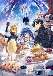 Rule 34 | 1boy, 2girls, :d, animal, balcony, bare shoulders, bell sleeves, black gloves, black hair, black jacket, black shorts, blue eyes, blue hair, blueberry, boots, bread, brown footwear, cat, chair, clothed animal, coat, copyright notice, creature, crop top, cup, double-parted bangs, dress, drinking glass, eating, fairy, finger to mouth, flying, food, fruit, fur-trimmed jacket, fur trim, gloves, hair bun, hair ornament, halter dress, halterneck, head rest, holding, holding cup, holding saucer, holding spoon, holding teapot, ice, ice cream, icicle, indoors, jacket, jam, jar, long hair, looking at another, mini person, minigirl, mint, mito itsuki, multiple girls, official art, open clothes, open coat, open mouth, orange hair, pancake, plate, pointy ears, pound cake, saucer, scone, short hair, short sleeves, shorts, single hair bun, sitting, smile, snowflake hair ornament, soubi seisaku-kei cheat de isekai wo jiyuu ni ikiteikimasu, sparkle, spoon, stairs, standing, steam, strawberry, table, teacup, teapot, twintails, upper body, white coat