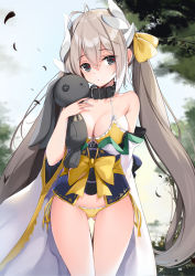 Rule 34 | 1girl, black collar, breasts, brown hair, cleavage, collar, cosplay, fate/grand order, fate (series), gluteal fold, grey eyes, hair between eyes, hair ribbon, highres, holding, holding stuffed toy, kasugano sora, kiyohime (fate), kiyohime (fate) (cosplay), long hair, looking at viewer, medium breasts, outdoors, panties, ribbon, side-tie panties, solo, standing, stuffed animal, stuffed rabbit, stuffed toy, thigh gap, thighs, touxing no diluka, twintails, underwear, very long hair, yellow panties, yellow ribbon, yosuga no sora