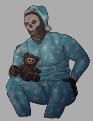 Rule 34 | 1boy, bara, black gloves, blue pajamas, blue pants, blue shirt, call of duty, call of duty: modern warfare 2, ghost (modern warfare 2), gloves, grey background, hat, highres, holding, holding stuffed toy, large pectorals, male focus, mask, muscular, muscular male, notneiie, pajamas, pants, pectorals, shirt, simple background, skull mask, solo, stuffed animal, stuffed toy, teddy bear, twitter username