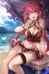 Rule 34 | armlet, bare shoulders, beach, beach umbrella, bikini, breasts, bridal garter, cleavage, cloud, cooler, food, heterochromia, highres, hololive, houshou marine, large breasts, lens flare, long hair, mountain, namekuji (slug), navel, open mouth, popsicle, red hair, red skirt, skirt, solo, subaru duck, swimsuit, thigh strap, twintails, umbrella, very long hair, virtual youtuber, water