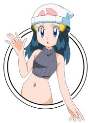 Rule 34 | 1girl, bare shoulders, beanie, blue eyes, blue hair, creatures (company), cropped sweater, cropped torso, dawn (pokemon), game freak, hainchu, hat, long hair, looking at viewer, midriff, navel, nintendo, open mouth, pokemon, pokemon (anime), pokemon dppt (anime), ribbed sweater, simple background, sleeveless, stomach, sweater, turtleneck, turtleneck sweater, upper body, white background