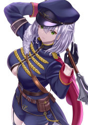 Rule 34 | 1girl, arms up, belt, belt pouch, black gloves, black shirt, black shorts, blue hat, breasts, clothing cutout, cowboy shot, garter straps, gloves, green eyes, hat, highres, holding, holding weapon, hololive, large breasts, long sleeves, looking at viewer, mace, military hat, parted lips, peaked cap, pouch, sengoku aky, shirogane noel, shirt, short hair, short shorts, shorts, solo, underboob, underboob cutout, virtual youtuber, weapon, white hair