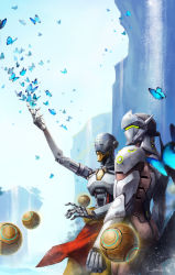 Rule 34 | 2boys, arm up, armor, baggy pants, blue sky, bodysuit, bug, butterfly, canyon, commentary, cowboy shot, cyborg, day, genji (overwatch), headband, helmet, humanoid robot, insect, loincloth, mask, monk, multiple boys, omnic, orb, outstretched arm, overwatch, overwatch 1, pants, pelvic curtain, power armor, robot, rope, sky, sun stark, veil, zenyatta (overwatch)