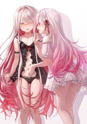 Rule 34 | 2girls, absurdres, arm garter, ass, babydoll, bare shoulders, black babydoll, black panties, blush, bow, braid, breasts, chemise, colored eyelashes, colored inner hair, commentary, dress, feet out of frame, frills, gradient hair, grey hair, hair ribbon, hand on another&#039;s stomach, highres, leon v, lingerie, long hair, looking at another, multicolored hair, multiple girls, navel, off-shoulder dress, off shoulder, one eye closed, open mouth, original, panties, pink hair, red bow, red eyes, red ribbon, ribbon, see-through, see-through dress, side braid, simple background, small breasts, smile, strap slip, symbol-only commentary, two-tone hair, underwear, very long hair, wavy hair, white background, white hair, yellow eyes, yuri