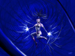 Rule 34 | 1girl, afloat, bare hips, bare shoulders, blue theme, breasts, cable, closed eyes, commentary, electricity, eve online, floating hair, full body, glowing, krats, long hair, medium breasts, original, photoshop (medium), science fiction, solo