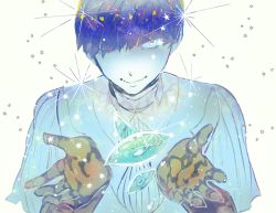Rule 34 | 1other, androgynous, blue hair, blunt bangs, crystal, diagonal bangs, gem, golden arms, hair over one eye, houseki no kuni, looking at viewer, necktie, phosphophyllite, phosphophyllite (ll), short hair, smile, solo, sparkle, spoilers, upper body, white eyes