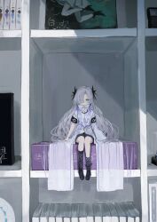 Rule 34 | 1girl, absurdres, asymmetrical footwear, asymmetrical sleeves, black footwear, black shorts, black socks, blue eyes, boots, cevio, closed mouth, coat, commentary request, expressionless, eyes visible through hair, grey hair, hair ornament, high collar, highres, kaminari kzy, kamitsubaki studio, knee boots, long coat, looking at viewer, mini person, minigirl, multicolored hair, o-ring, purple hair, sekai (cevio), shelf, shorts, single knee boot, sitting, socks, solo, straight-on, streaked hair, uneven footwear, uneven sleeves, white coat, wide shot