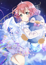 Rule 34 | 1girl, absurdres, angel wings, birthday, blush, commentary, curly hair, green eyes, hair ornament, highres, holding, holding stuffed toy, kurosawa ruby, looking at viewer, love live!, love live! school idol festival all stars, love live! sunshine!!, night, night sky, hugging object, ranemu, red hair, shooting star, short hair, sidelocks, sky, solo, star (sky), star (symbol), star hair ornament, starry sky, stuffed animal, stuffed penguin, stuffed toy, tiara, wings