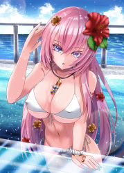 Rule 34 | 1girl, :o, aqua nails, bikini, blue sky, body writing, bracelet, breasts, cleavage, collarbone, covered erect nipples, flower, front-tie top, fuyuki jun, glass, hair flower, hair ornament, hibiscus, highres, jewelry, large breasts, long hair, looking at viewer, megurine luka, musical note, nail polish, open mouth, pink hair, purple eyes, railing, scrunchie, side-tie bikini bottom, sky, solo, swimsuit, underboob, vocaloid, water, wet, wrist scrunchie