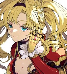 Rule 34 | 1girl, a082, armor, blonde hair, blue eyes, blush, braid, breasts, cleavage, earrings, granblue fantasy, hair intakes, hair ornament, hairband, jewelry, large breasts, long hair, looking at viewer, red armor, simple background, single earring, smile, solo, twintails, weapon, zeta (granblue fantasy)