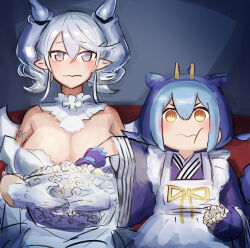 Rule 34 | 2girls, apron, blue gloves, blue hair, breasts, cleavage, demon wings, duel monster, eating, food, gloves, grey eyes, grey hair, hatano kiyoshi, highres, horns, japanese clothes, kimono, large breasts, laundry dragonmaid, lovely labrynth of the silver castle, maid, multiple girls, pointy ears, popcorn, tearing up, tears, wa maid, watching television, wavy mouth, white apron, white gloves, wings, yellow eyes, yu-gi-oh!