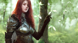 Rule 34 | 1girl, armor, brown eyes, bug, bush, butterfly, character request, european clothes, forest, green butterfly, insect, jerrypark, long hair, looking at viewer, nature, open mouth, original, realistic, red hair, tree