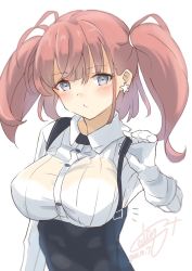 Rule 34 | 1girl, atlanta (kancolle), black skirt, breasts, brown hair, calin, commentary request, dress shirt, earrings, grey eyes, high-waist skirt, highres, jewelry, kantai collection, large breasts, long hair, long sleeves, looking at viewer, one-hour drawing challenge, shirt, skirt, solo, star (symbol), star earrings, suspender skirt, suspenders, two side up, upper body, white shirt