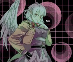 Rule 34 | 1girl, angel wings, bow, bowtie, braid, breasts, brooch, closed mouth, dark background, dress, feathered wings, french braid, hair between eyes, hand in pocket, hand up, highres, jacket, jewelry, kimon 102, kishin sagume, large breasts, long sleeves, open clothes, open jacket, purple dress, red bow, red bowtie, red eyes, short hair, single wing, solo, touhou, white wings, wings
