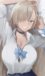 Rule 34 | 1girl, absurdres, arms up, asuna (blue archive), asymmetrical bangs, black choker, blonde hair, blue archive, blue bow, blue bowtie, blue eyes, bow, bowtie, breasts, button gap, choker, cleavage, collarbone, collared shirt, commentary, dress shirt, edible sus, from above, grin, hair over one eye, highres, large breasts, long hair, looking at viewer, lying, no bra, on back, on bed, scrunchie, shirt, shirt tucked in, smile, solo, upper body, wing collar, wrist scrunchie