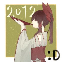 Rule 34 | 10s, 1girl, 2012, bare shoulders, border, bow, bowl, brown eyes, brown hair, dated, detached sleeves, drinking, female focus, from side, hair bow, hair tubes, hakurei reimu, highres, holding, japanese clothes, long hair, miko, new year, pisoshi, ponytail, solo, touhou