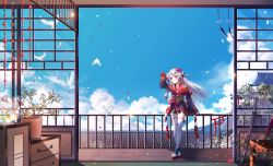 Rule 34 | 1girl, architecture, bell, bird, blue sky, colored tips, commentary request, crossed legs, double bun, dove, east asian architecture, feathers, fish, fishbowl, full body, hair bell, hair bun, hair ornament, haruhitooo, highres, hololive, horns, indoors, katana, kouhaku nawa, long hair, long sleeves, looking away, mask, mask on head, multicolored hair, nakiri ayame, nakiri ayame (1st costume), oni mask, petals, plant, potted plant, red eyes, red hair, rope, sheath, sheathed, shimenawa, skin-covered horns, sky, solo, standing, streaked hair, sword, thighhighs, virtual youtuber, weapon, white hair, white thighhighs, wind chime, zettai ryouiki