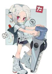 Rule 34 | 1girl, backpack, bag, black shorts, blush, boots, buttons, closed mouth, commentary request, commission, corrupted twitter file, expressionless, forehead, gradient hair, grey background, grey hair, highres, holding, holding sword, holding weapon, looking at viewer, medium hair, multicolored hair, nintendo, octoling, octoling girl, octoling player character, p-pepper, parted bangs, pink eyes, planted, shirt, short shorts, short sleeves, shorts, sidelocks, simple background, solo, splatana wiper (splatoon), splatoon (series), standing, suction cups, sword, tentacle hair, thick eyebrows, two-tone background, v-shaped eyebrows, weapon, white background, white footwear, white hair, white shirt