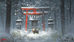 Rule 34 | animal, mask, no humans, original, outdoors, shrine, signature, snow, snowing, speedpaint, stone lantern, torii, tree, winter, yoshida seiji