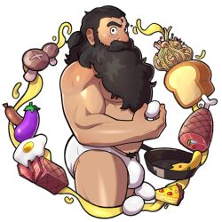 Rule 34 | 1boy, absurdres, bara, beard, beard over mouth, bread, briefs, brown hair, bulge, cropped legs, dungeon meshi, dwarf, egg (food), eggplant, facial hair, food, from side, frying pan, highres, holding, holding frying pan, loaf of bread, long beard, looking at viewer, looking to the side, lupin barnabi, male focus, male underwear, meat, merchandise available, muscular, muscular male, mushroom, pectorals, senshi (dungeon meshi), sidepec, solo, standing, thick eyebrows, thick mustache, thighs, topless male, underwear, very long beard