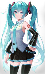 Rule 34 | 1girl, :3, armpits, bare shoulders, bib (bibboss39), black skirt, black thighhighs, blue eyes, blue hair, breasts, closed mouth, collared shirt, commentary, contrapposto, cowboy shot, detached sleeves, hair ornament, hand on own hip, hatsune miku, highres, long hair, long sleeves, looking at viewer, miniskirt, nail polish, necktie, pleated skirt, shirt, shoulder tattoo, sidelocks, simple background, skirt, small breasts, smile, solo, standing, tattoo, thighhighs, twintails, very long hair, vocaloid, white background, white shirt, zettai ryouiki