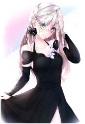 Rule 34 | 1girl, absurdres, black bow, black dress, black sleeves, bow, braid, closed mouth, collarbone, detached sleeves, dress, hair between eyes, hair bow, hand in own hair, highres, long hair, long sleeves, looking at viewer, original, oriuo q, pink eyes, side slit, silver hair, skirt hold, sleeveless, sleeveless dress, smile, solo, standing, very long hair, white background