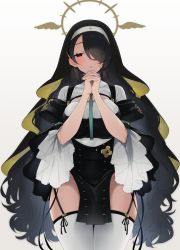 Rule 34 | 1girl, black hair, black headwear, blue archive, blush, breasts, commentary, dress, earrings, garter straps, gradient background, habit, hair over one eye, halo, highres, hinata (blue archive), jewelry, large breasts, long hair, looking at viewer, nekoume, nun, own hands clasped, own hands together, parted lips, pelvic curtain, red eyes, simple background, solo, symbol-only commentary, thighhighs, very long hair, white background, white thighhighs