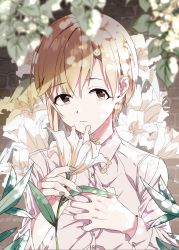 Rule 34 | 1girl, absurdres, aiba yumi, blonde hair, brown eyes, buttons, closed mouth, clutching chest, collared shirt, dress shirt, fingernails, flower, grey nails, hair between eyes, hair intakes, highres, holding, holding flower, idolmaster, idolmaster cinderella girls, lily (flower), long sleeves, mek number, nail polish, plant, shirt, short hair, solo, upper body, white flower, white shirt