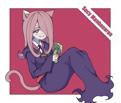 Rule 34 | 10s, 1girl, animal ears, cat ears, dress, hair over one eye, hat, light purple hair, little witch academia, long dress, long hair, pink hair, red eyes, sharp teeth, smile, solo, sucy manbavaran, tail, teeth, witch