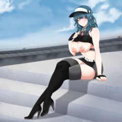 Rule 34 | 1girl, absurdres, alternate costume, bare shoulders, belt, black skirt, blue eyes, blue hair, blue sky, blush, boots, breasts, breasts out, byleth (female) (fire emblem), byleth (fire emblem), closed mouth, cloud, cloudy sky, commentary, commission, cropped shirt, english commentary, fingerless gloves, fire emblem, fire emblem: three houses, flashing, gloves, hair between eyes, highres, incognigoat, large areolae, large breasts, legs, light smile, looking at viewer, mature female, medium hair, navel, nintendo, nipples, outdoors, puffy nipples, race queen, shirt, skindentation, skirt, sky, sleeveless, sleeveless shirt, smile, solo, tassel, thigh boots, thighs, visor cap, white belt