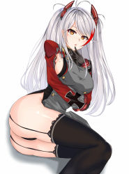 Rule 34 | 1girl, antenna hair, azur lane, black gloves, black thighhighs, blush, breast hold, breasts, brown eyes, cross, garter straps, gloves, hand up, highres, iron cross, large breasts, long hair, looking at viewer, lying, mole, mole on breast, muka tsuku, multicolored hair, on side, prinz eugen (azur lane), red hair, sideboob, silver hair, solo, streaked hair, thighhighs, thighs, two side up, very long hair