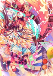 Rule 34 | 1girl, :3, animal ears, apron, bad id, bad pixiv id, balloon, bow, cake, candy, cat ears, cup, flower, food, frills, from behind, hair flower, hair ornament, hair ribbon, highres, ketchup, kirero, kneehighs, lollipop, long hair, looking back, maid, maid headdress, omelet, omurice, open mouth, original, pantyhose, pocket watch, pointing, red eyes, red hair, ribbon, socks, star (symbol), striped clothes, striped pantyhose, striped socks, stuffed animal, stuffed toy, tail, teacup, teapot, traffic light, watch, wrist cuffs