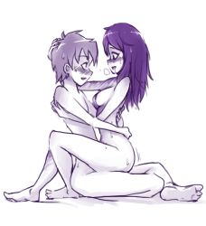 Rule 34 | 10s, 1boy, 1girl, affectionate, barefoot, blush, breasts, burn scar, completely nude, couple, drooling, eye contact, full body, girl on top, hand on another&#039;s head, heavy breathing, hetero, hug, ikezawa hanako, katawa shoujo, leg lock, long hair, long legs, looking at another, monochrome, nakai hisao, nude, open mouth, purple theme, rtil, scar, sex, sideways mouth, simple background, sitting, sketch, smile, straddling, sweat, thighs, upright straddle, white background
