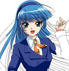 Rule 34 | 1990s (style), 1girl, :d, anime coloring, blazer, blue eyes, blue hair, blue hairband, hairband, igapon, jacket, long hair, magic knight rayearth, matching hair/eyes, open mouth, partially colored, ryuuzaki umi, school uniform, smile, solo, white background