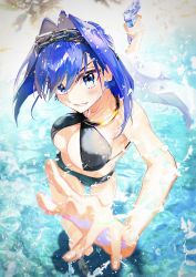 Rule 34 | 1girl, bikini, black bikini, blue hair, breasts, chain, cleavage, full body, grin, hair intakes, headband, highres, holding, holding water gun, hololive, hololive english, iris (tb33064667), large breasts, looking at viewer, o-ring, o-ring top, ouro kronii, short hair, smile, solo, swimsuit, veil, virtual youtuber, water, water gun