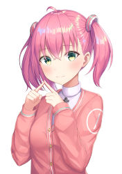 Rule 34 | 1girl, absurdres, ahoge, blush, buttons, cardigan, closed mouth, commentary request, cross, game club project, green eyes, hair ornament, hands up, highres, kms3856, long hair, long sleeves, looking at viewer, pink cardigan, pink hair, sakuragi miria, shirt, simple background, solo, twiddling fingers, twintails, upper body, virtual youtuber, wavy mouth, white background, white shirt