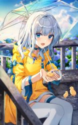 Rule 34 | 1girl, :d, absurdres, animal, bird, blue eyes, blue flower, blue sky, chick, choker, cloud, commentary request, flower, hair between eyes, highres, holding, holding animal, hydrangea, legs together, long hair, looking at viewer, nanna (heyj2888), open mouth, original, outdoors, parasol, purple flower, railing, rain, silver hair, sitting, sky, smile, solo, thighhighs, transparent, transparent umbrella, umbrella, white thighhighs, yellow raincoat