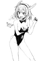 Rule 34 | 1girl, absurdres, bandaid, bandaid on face, bow, bowtie, breasts, cleavage, crab, detached collar, feet out of frame, highres, kantai collection, leotard, monochrome, nontraditional playboy bunny, oboro (kancolle), short hair, small breasts, strapless, strapless leotard, tsuji kazuho