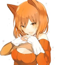 Rule 34 | 1girl, :d, animal ears, arm warmers, asymmetrical clothes, bare shoulders, blush, breasts, brown eyes, cleavage, cleavage cutout, clothing cutout, fox ears, looking at viewer, lpip, meme attire, off-shoulder, off-shoulder sweater, off shoulder, open-chest sweater, open mouth, orange hair, original, own hands together, simple background, smile, solo, sweater, upper body, white background