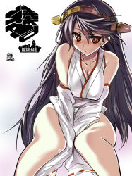 Rule 34 | 10s, 1girl, bad id, bad nicoseiga id, bare shoulders, black hair, blush, bottomless, breasts, cleavage, haruna (kancolle), headband, kantai collection, large breasts, long hair, looking at viewer, nontraditional miko, red eyes, solo, tokita monta, wide sleeves
